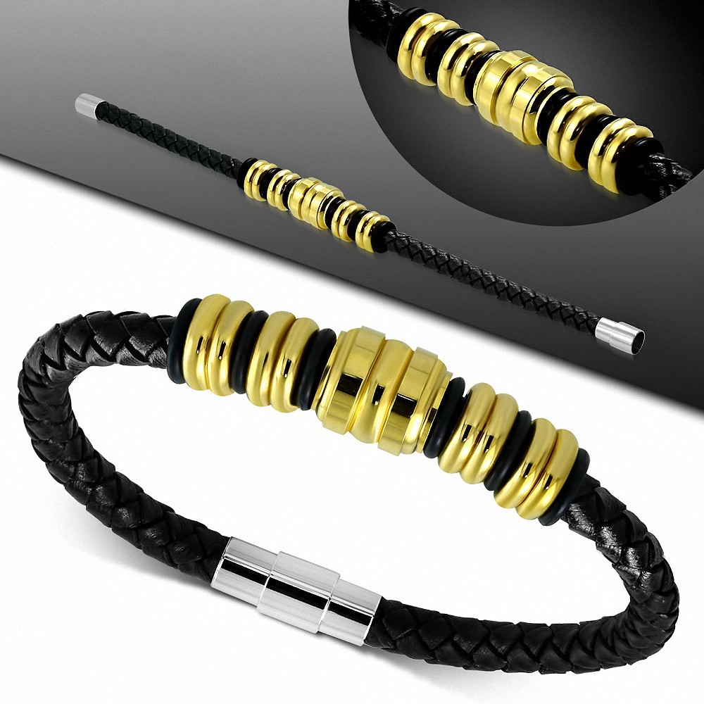 Bracelet en cuir noir tressé avec fermeture magnétique 3 tubes dorés