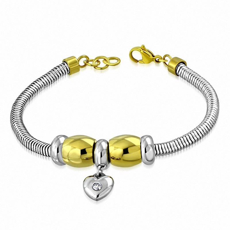 Bracelet à charms en acier inoxydable perles dorées et cœur