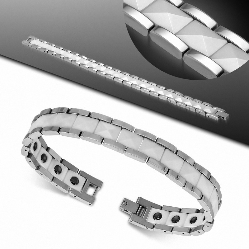 Bracelet homme acier inoxydable et facettes céramique blanche 20 cm x 12 mm