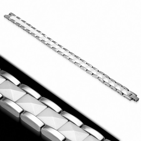 Bracelet homme acier inoxydable et facettes céramique blanche 20 cm x 12 mm