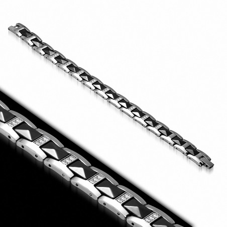Bracelet homme acier inoxydable et facettes céramique noire 20 cm x 13 mm