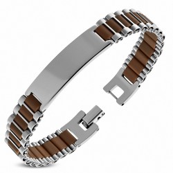 Bracelet homme gourmette en acier et catouchouc marron 20 cm x 12 mm