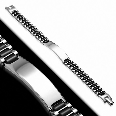 Bracelet homme gourmette en acier et catouchouc noir 20 cm x 12 mm