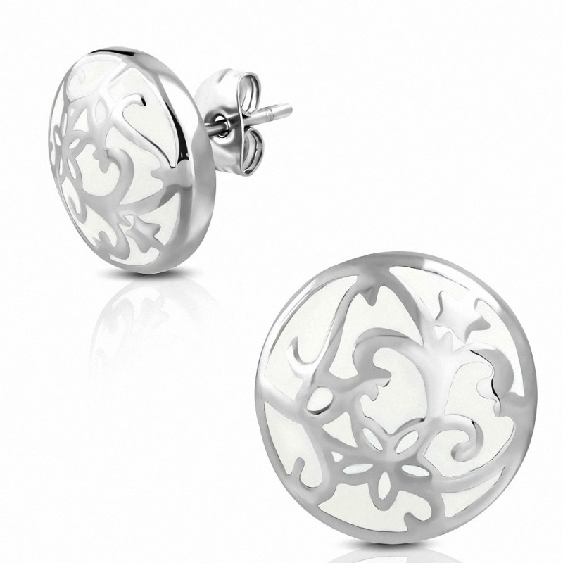 Paire de boucles d'oreilles en acier et émail blanc feuilles fleurs clous