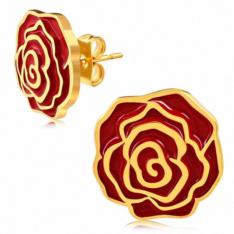 Paire de boucles d'oreilles clous en acier doré avec fleur rouge