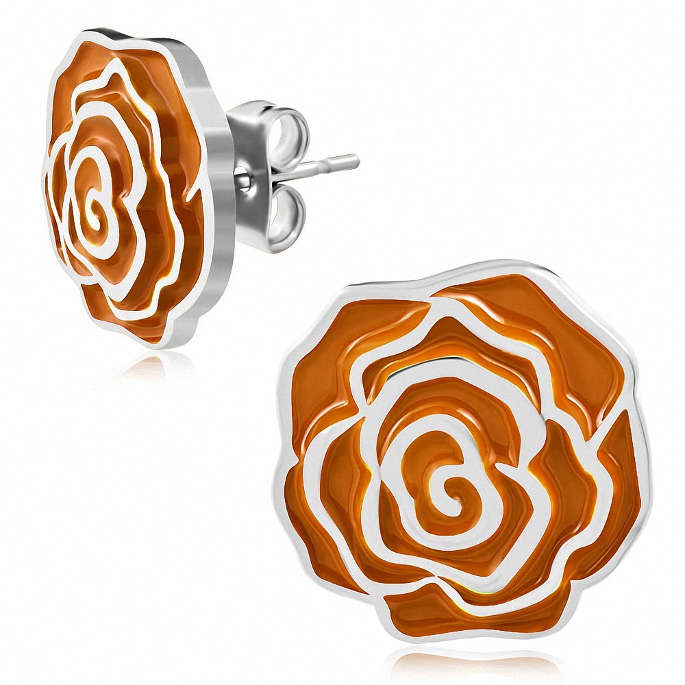 Paire de boucles d'oreilles clous en acier argenté avec fleur orange