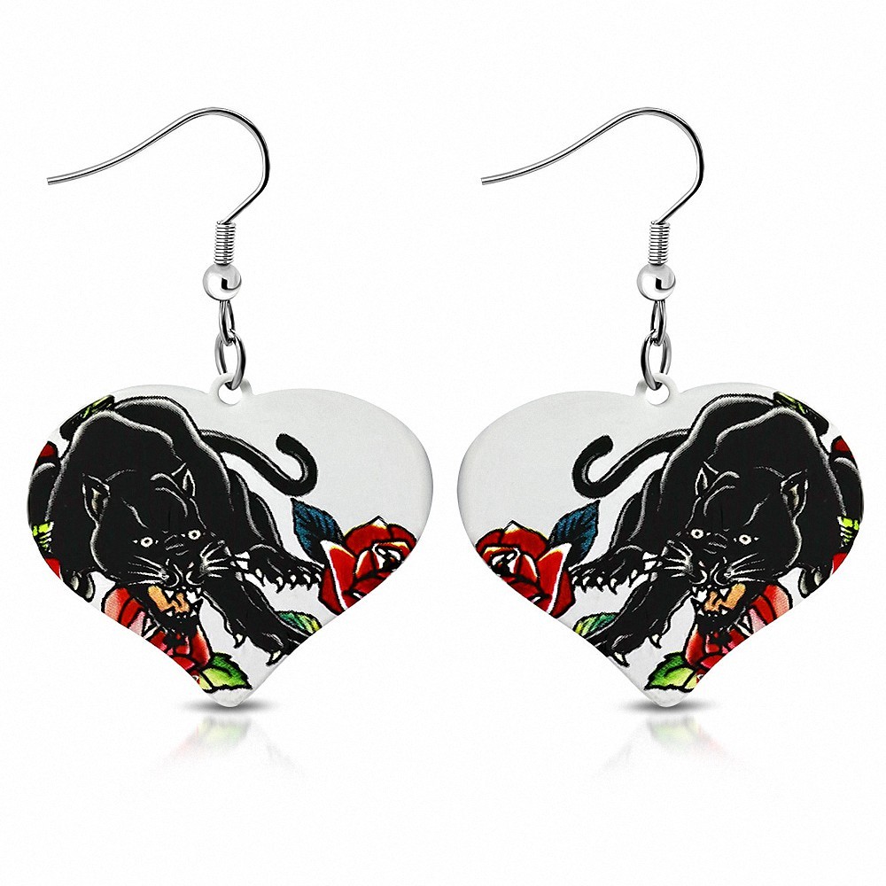 Paire de boucles d'oreilles pendantes cœur peint panthère noire