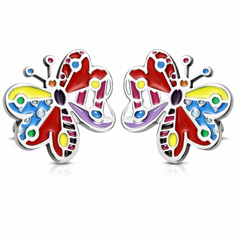 Paire de boucles d'oreilles clous en acier avec émail multicolore papillon
