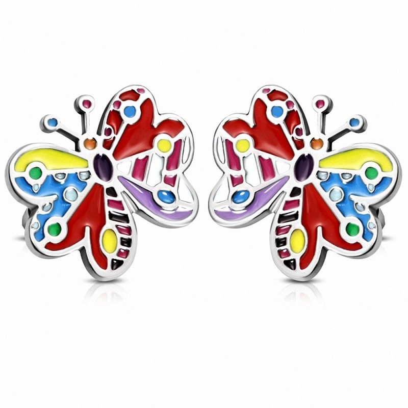 Paire de boucles d'oreilles clous en acier avec émail multicolore papillon