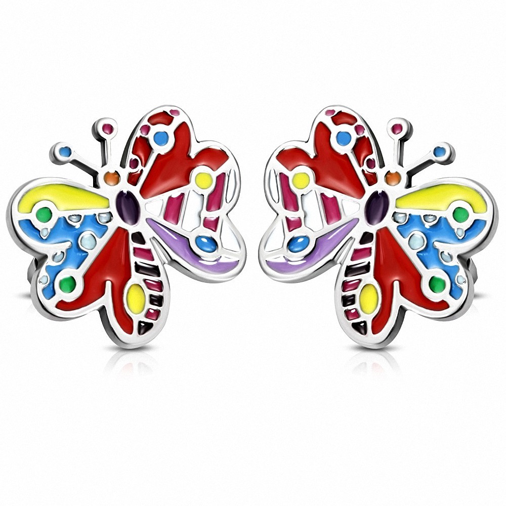 Paire de boucles d'oreilles clous en acier avec émail multicolore papillon