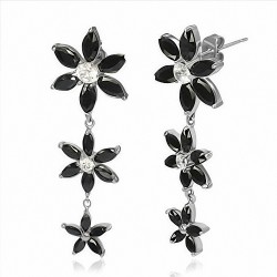 Paire de boucles d'oreilles clous en acier avec fleurs noires pendantes