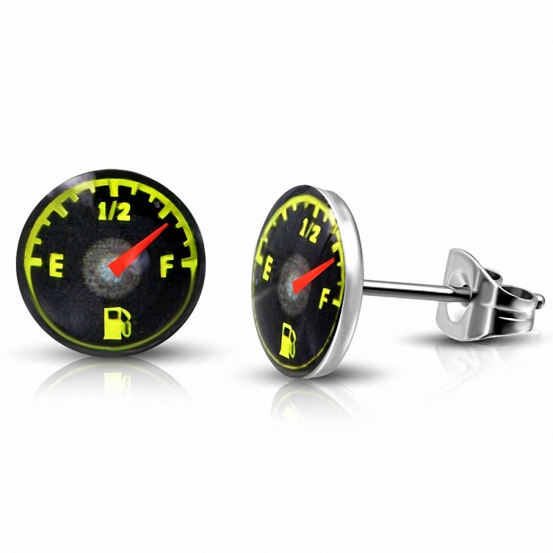 Paire de boucles d'oreilles homme en acier motif jauge de fuel