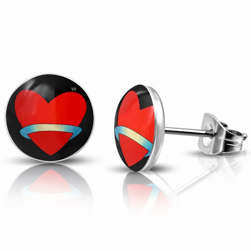 Paire de boucles d'oreilles clous en acier motid cœur rouge avec cercle