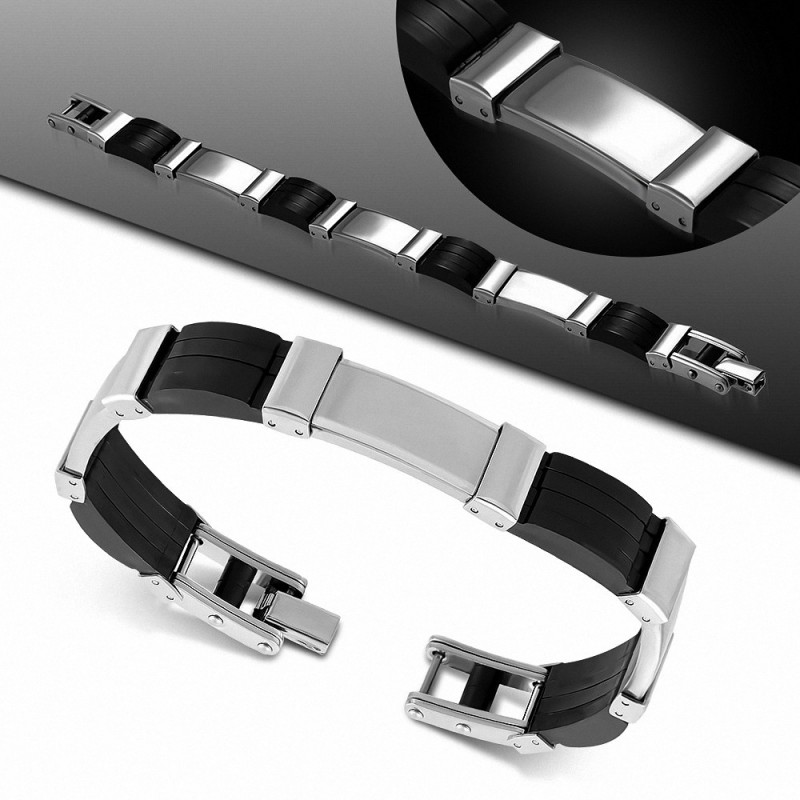 Bracelet homme maillon panthère acier et caoutchouc noir 20 cm x 10 mm