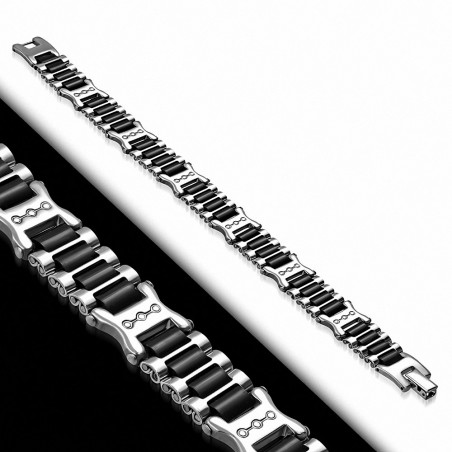 Bracelet homme acier et cylindres noirs caoutchouc 20 cm x 12 mm