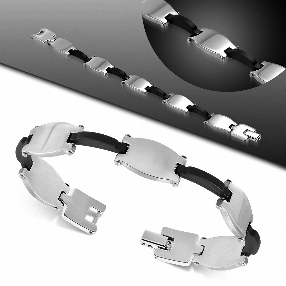 Bracelet homme en acier maillons ovales caoutchouc noir 20 cm x 13 mm