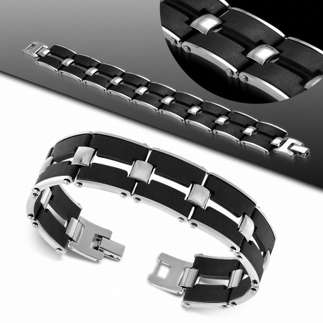 Bracelet pour hommes en acier et caoutchouc noir 20 cm x 18 mm