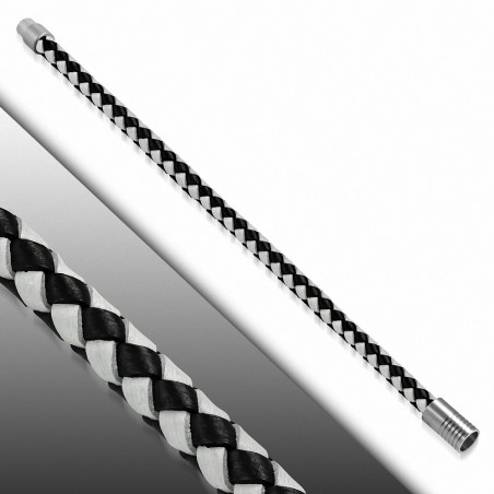 Bracelet en cuir tressé noir et blanc fermeture magnétique 22 cm x 6 mm