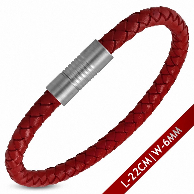 Bracelet en cuir tressé rouge fermeture magnétique 22 cm x 6 mm