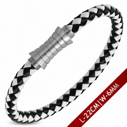 Bracelet en cuir tressé noir blanc fermeture magnétique 22 cm x 6 mm