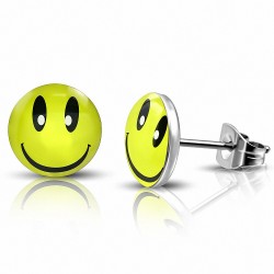 Paire de boucles d'oreilles clous en acier inoxydable smiley jaune