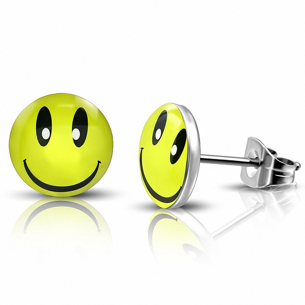 Paire de boucles d'oreilles clous en acier inoxydable smiley jaune