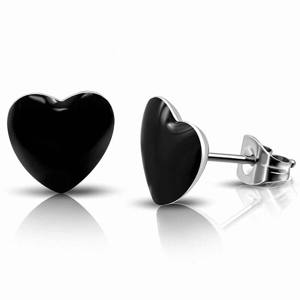 Paire de boucles d'oreilles clous en acier avec coeur noir de 7 mm