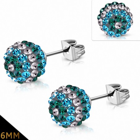 Paire de boucles d'oreilles clous boule disco shamballa vert bleu