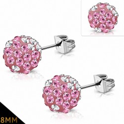 Paire de boucles d'oreilles clous boule disco shamballa rose blanc