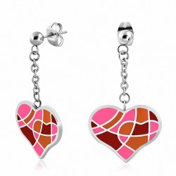 Paire de boucles d'oreilles clous en acier coeur émaillé rose pendant