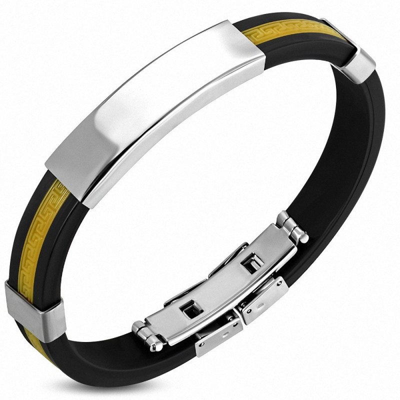 Bracelet homme caoutchouc noir et jaune avec plaque acier gravable