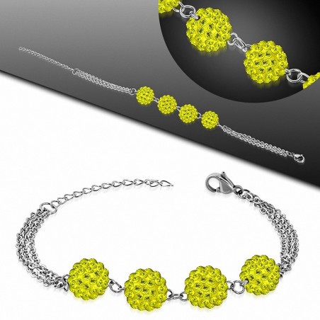 Bracelet en acier avec 4 boules shamballa zirconium jaune topaze