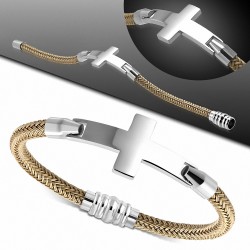 Bracelet en fil tissé marron de style croisé en acier inoxydable à verrouillage magnétique