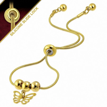 25cm | Bracelet à glissière / glissière réglable à chaîne en forme de serpent avec pendentif en acier inoxydable doré
