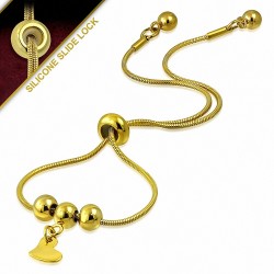 25cm | Bracelet à glissière / glissière réglable en chaîne en forme de coeur de charm en acier inoxydable plaqué en or