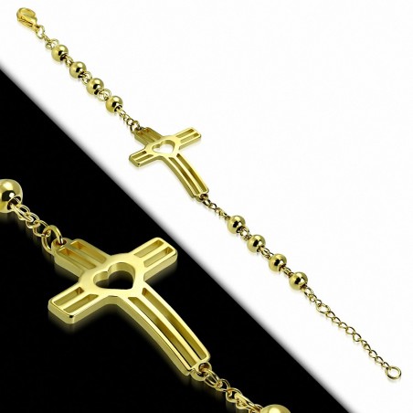 Bracelet chaine maillons en forme de perles en forme de coeur en acier inoxydable doré avec coeur en forme de croix latine