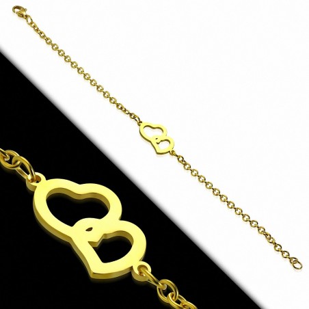 Bracelet chaîne à maillons style montre acier inoxydable doré double coeur ouvert double cœur