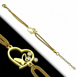 Bracelet en maille de style montre en forme de coeur ouvert avec papillon en acier inoxydable doré avec cz incolore
