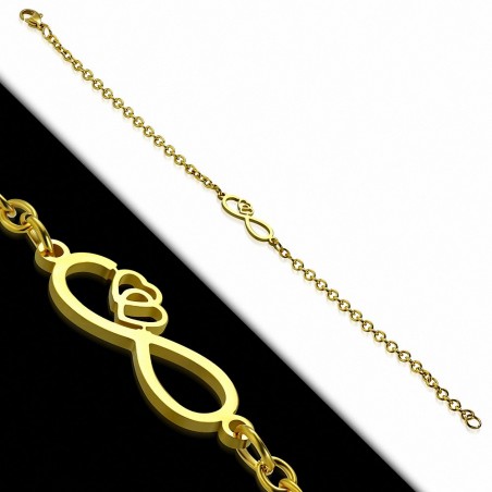 Bracelet chaine maillons symbole infini coeur ouvert coeur acier inoxydable doré