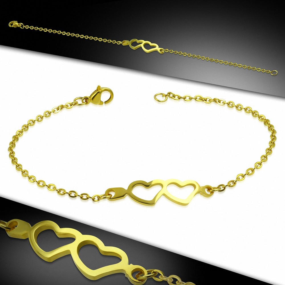 Bracelet chaîne à maillons style montre acier inoxydable doré double coeur ouvert