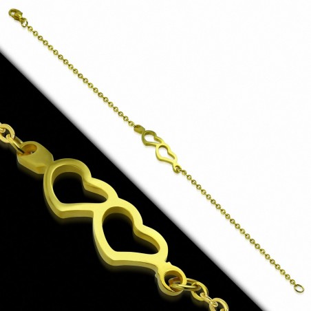 Bracelet chaîne à maillons style montre acier inoxydable doré double coeur ouvert