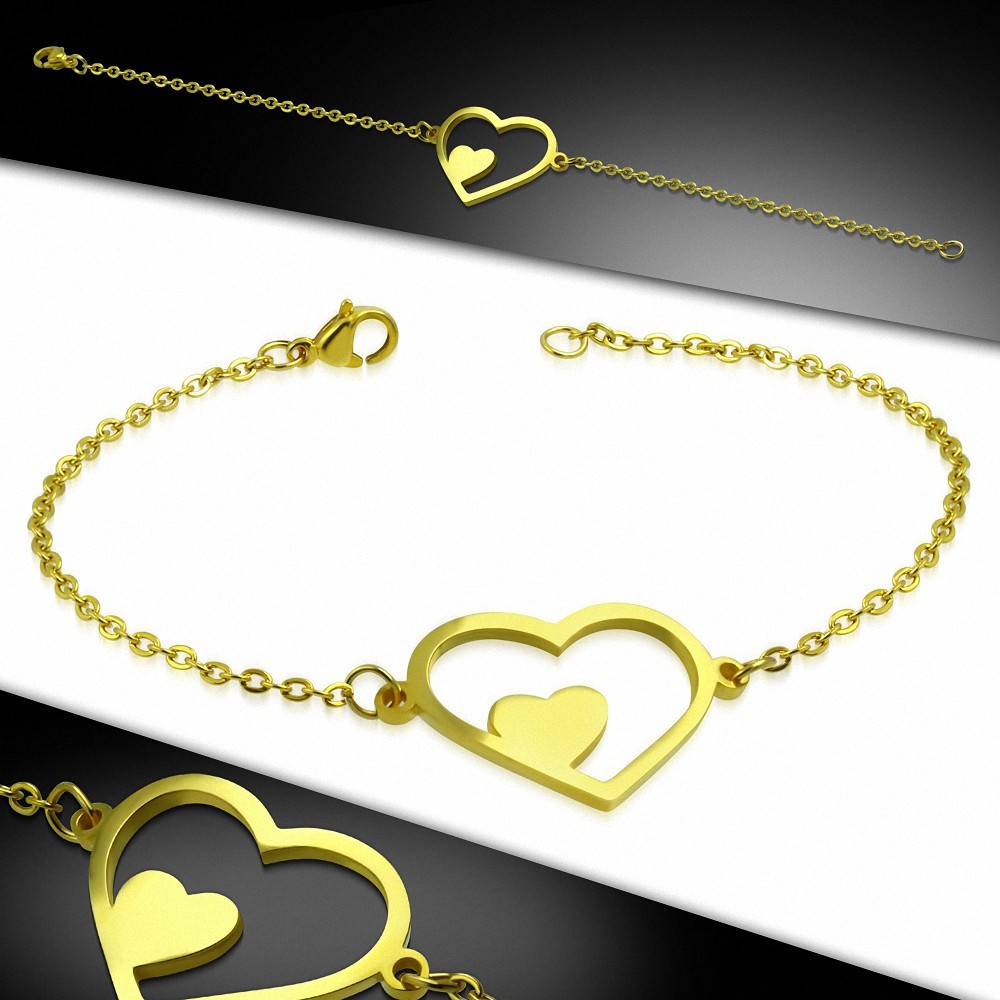 Bracelet chaîne à maillons style montre en acier inoxydable doré double coeur ouvert double cœur