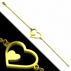 Bracelet chaîne à maillons style montre en acier inoxydable doré double coeur ouvert double cœur