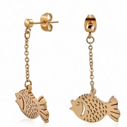 Boucles d'oreilles pendantes en forme de poisson en acier inoxydable plaqué de couleur or rose / rose (paire)