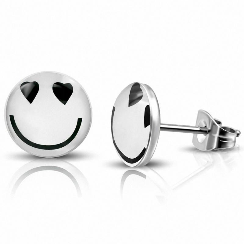 7mm | Boucles d'oreilles clous In Love Smiley / Emoticon Circle en acier inoxydable à 3 tons (paire)