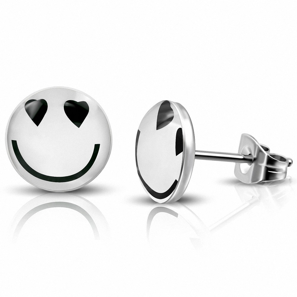 7mm | Boucles d'oreilles clous In Love Smiley / Emoticon Circle en acier inoxydable à 3 tons (paire)