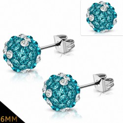 6mm | Boucles d'oreilles Shamballa en acier inoxydable Argil Disco Ball avec Clear & Aquamarine CZ (paire)