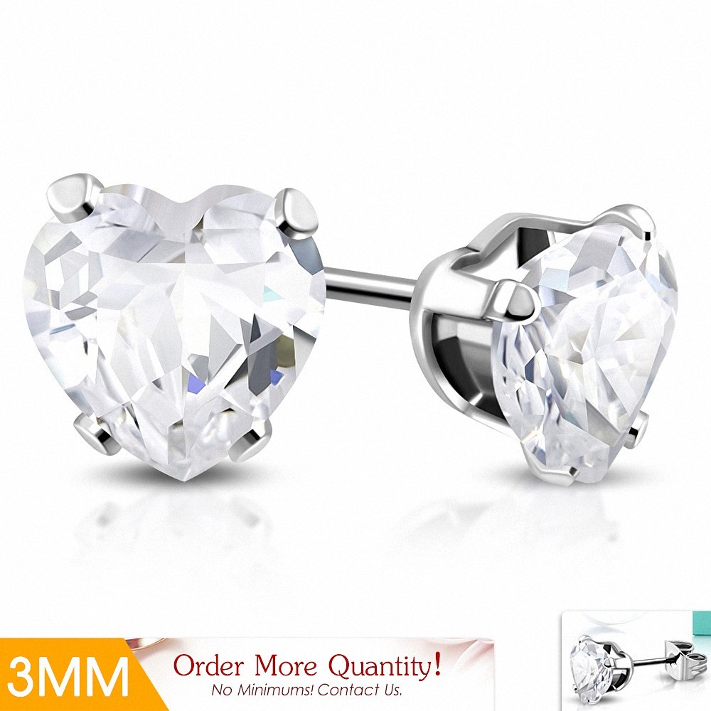 3mm | Boucles d'oreilles en forme de coeur en forme de coeur en acier inoxydable avec coeur clair avec paire de zircons cubiques