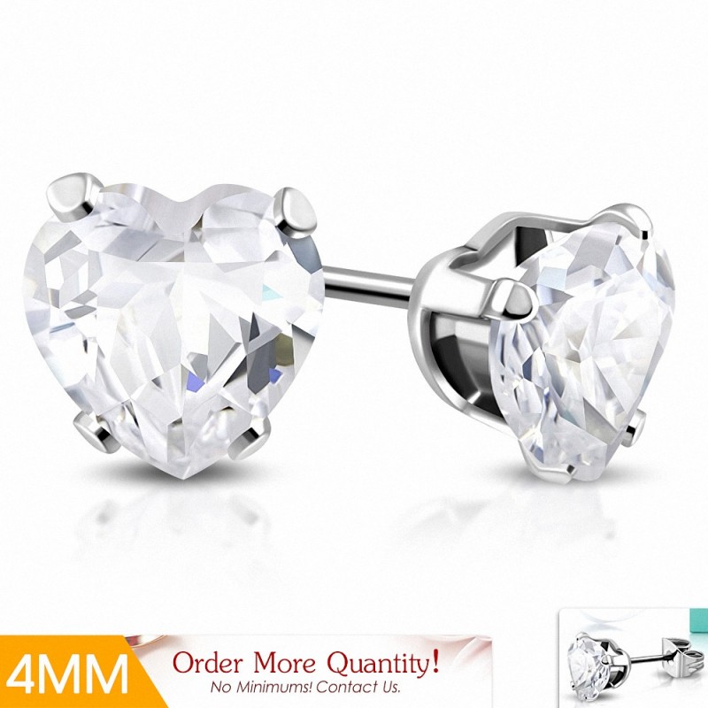 4mm | Boucles d'oreilles en forme de coeur en forme de coeur en acier inoxydable avec cœur en argent clair (paire)