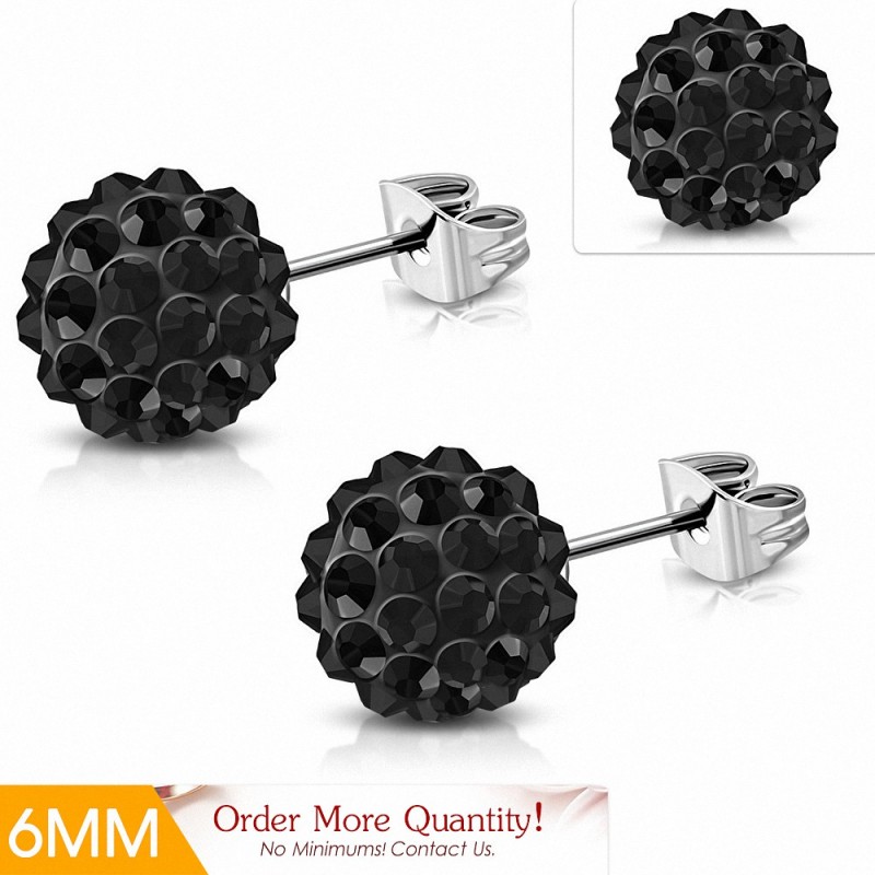 6mm | Boucles d'oreilles Shamballa en acier inoxydable Argil Disco Ball avec Jet CZ noir (paire)